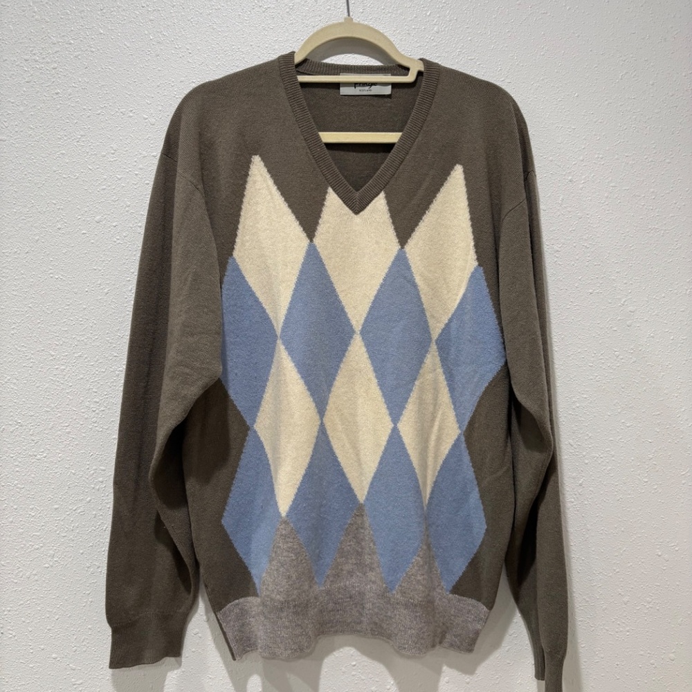 Pringle of Scotland Men's Grey/Blue Pure 100% Cashmere Argyle Sweater - Size XL